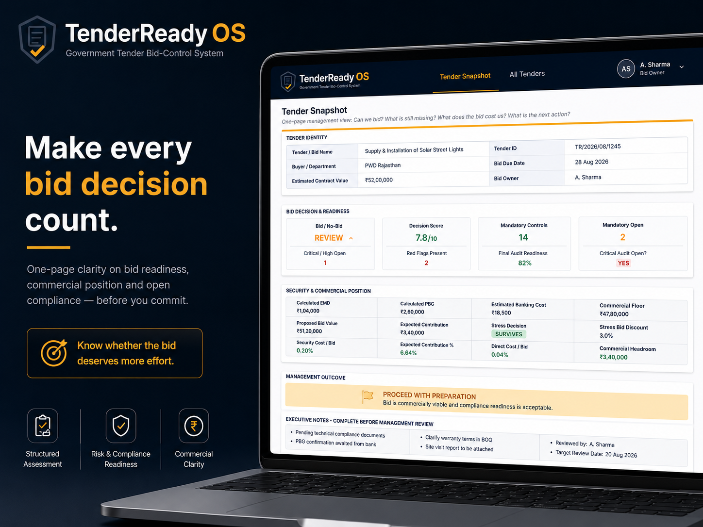TenderReady OS Tender Snapshot product screen